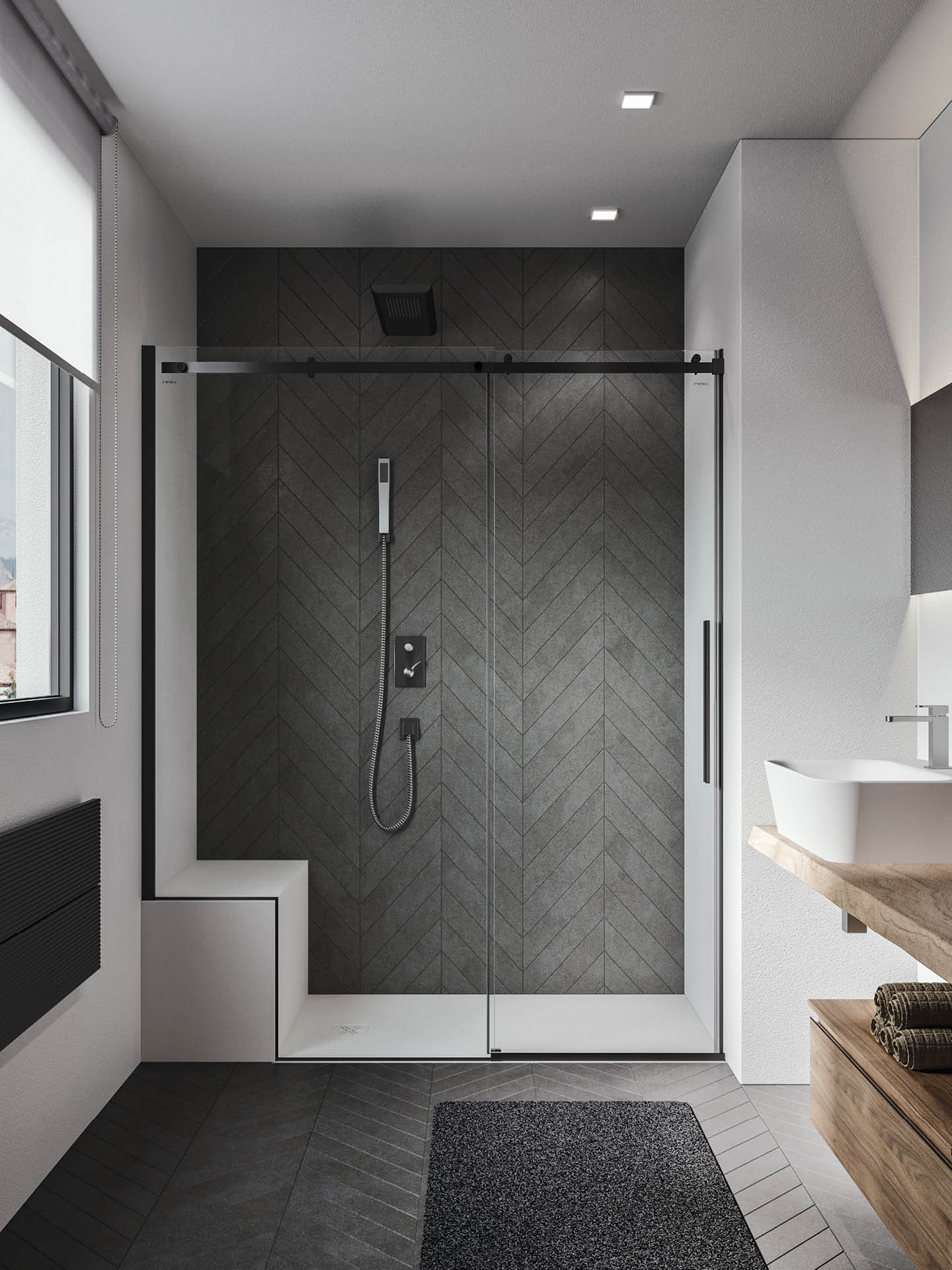 AXIA SC1_dettaglio3 axia sc1 box doccia in nicchia sagomato sopra muretto su misura con apertura scorrevole senza profili