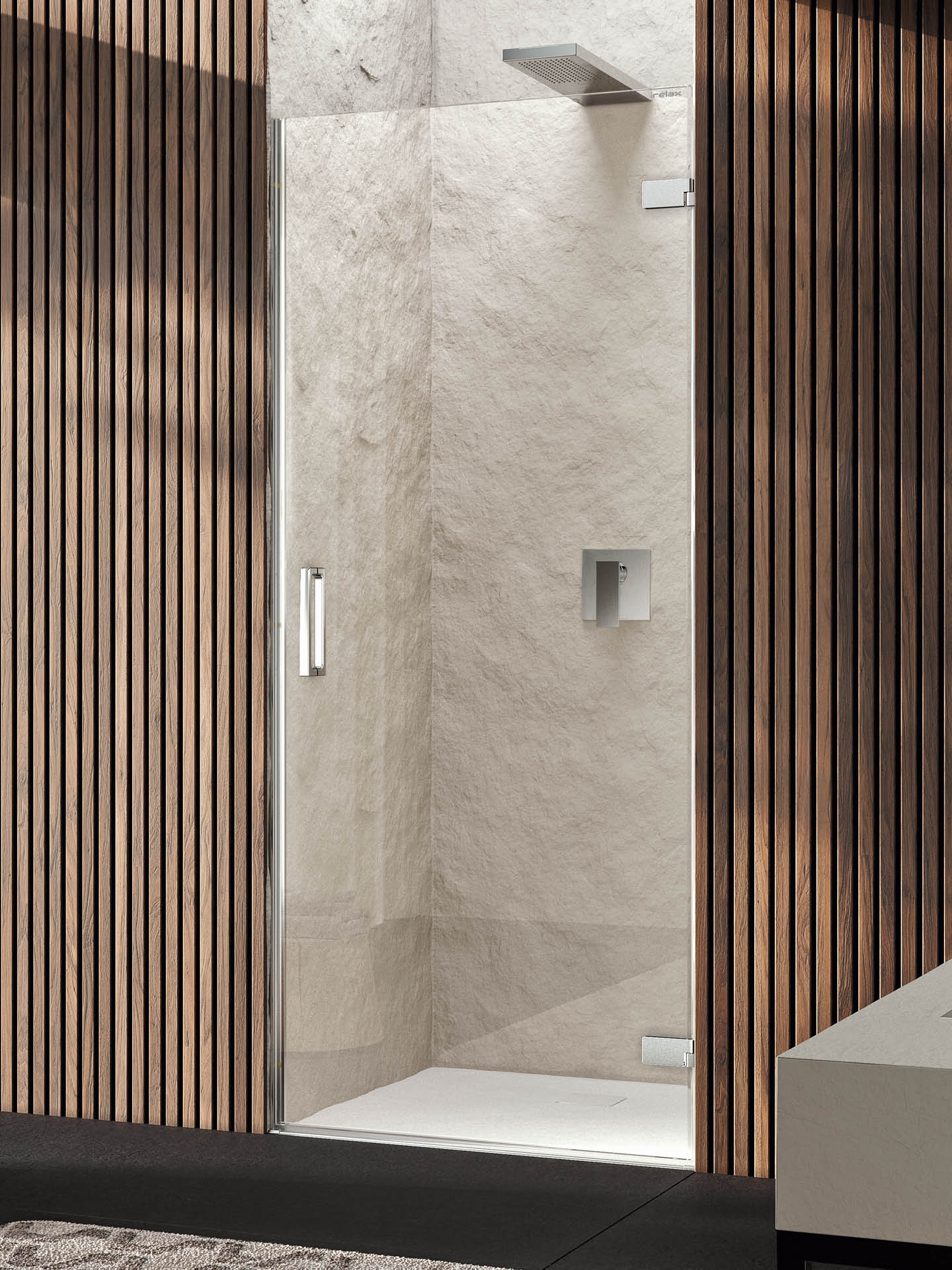 box doccia di design in nicchia senza profili con anta battente, cover personalizzabili