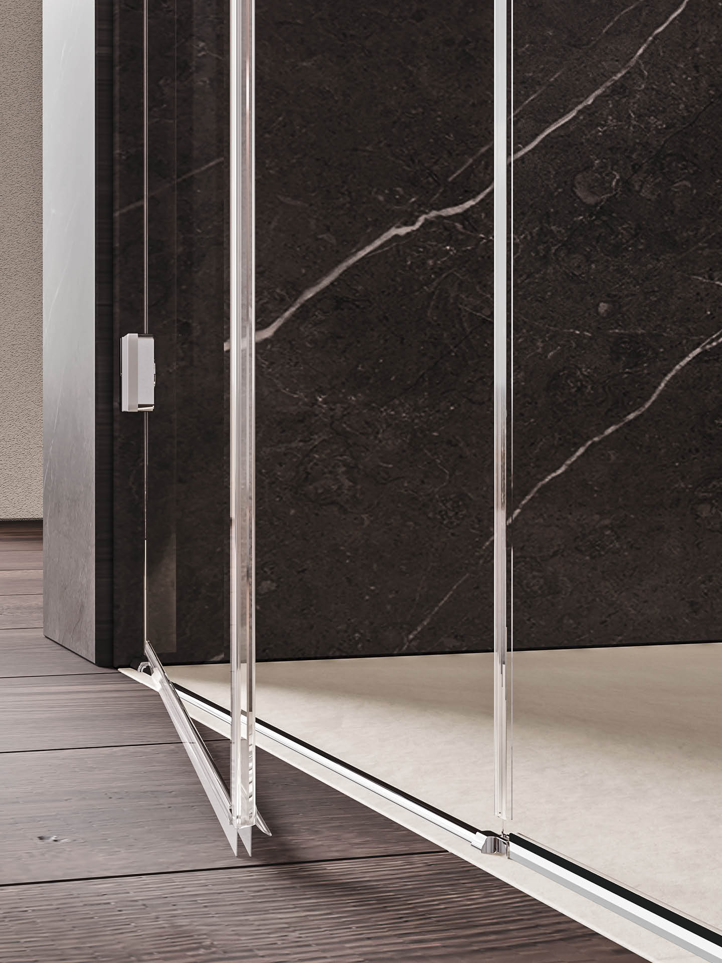 apertura porta box doccia di design in nicchia in linea con anta battente e lato fisso senza profili