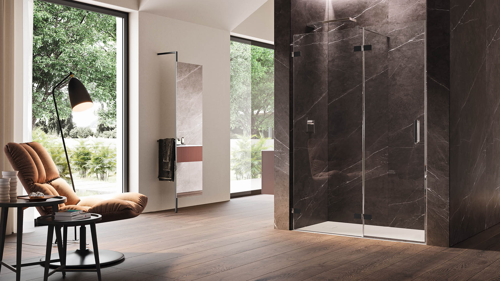 box doccia di design in nicchia in linea con anta battente e lato fisso senza profili