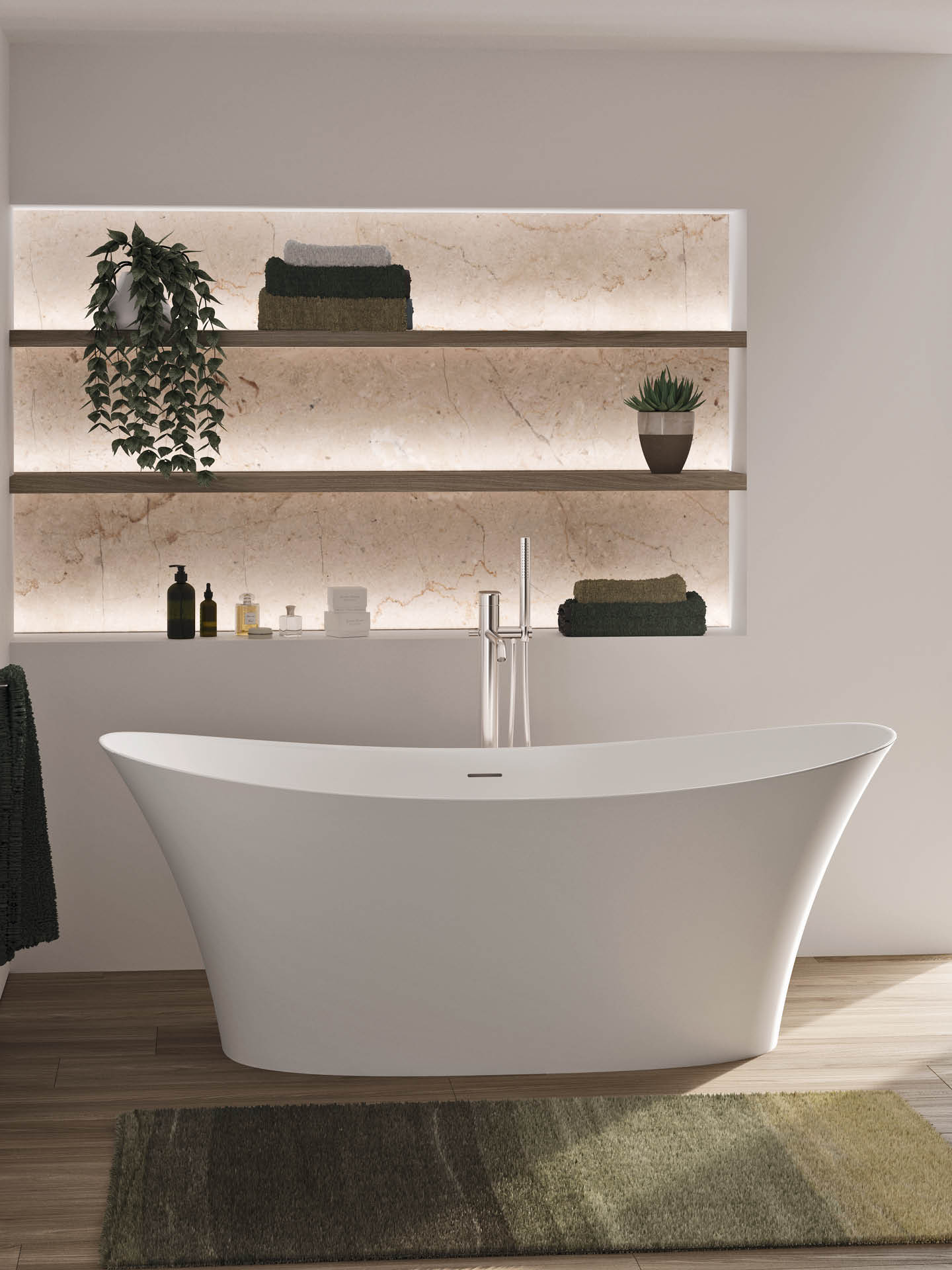 iris vasca da bagno elegante e sinuosa in solid surface, freestanding, dal colore bianco