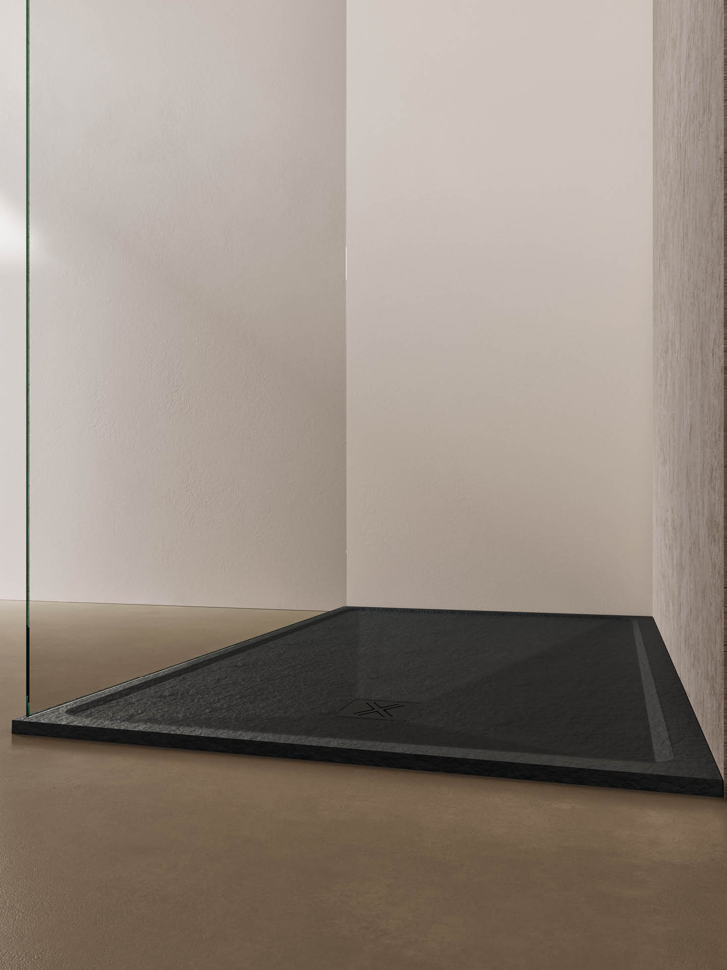 LAGO ANGOLARE_dettaglio2 piatto doccia nero sopra pavimento lago con effetto pietra