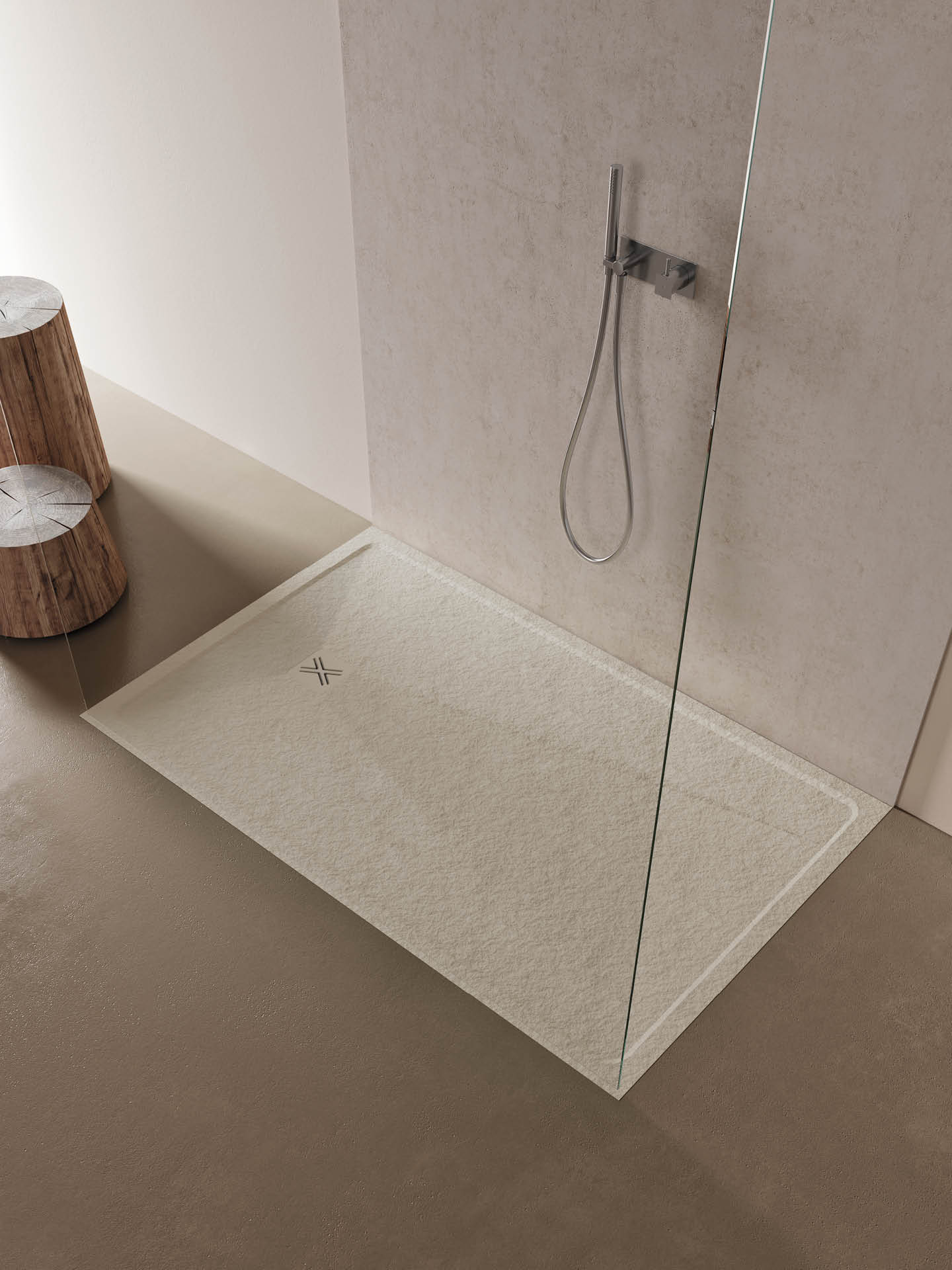 piatto doccia crema a filo pavimento lago con effetto pietra