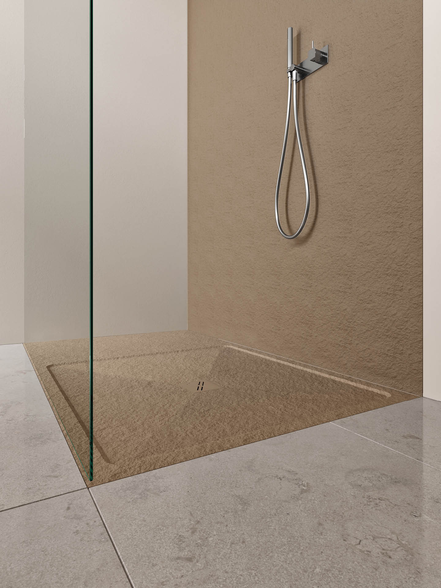 lago plus piatto doccia ad angolo con bordo contenitivo effetto pietra a filo pavimento