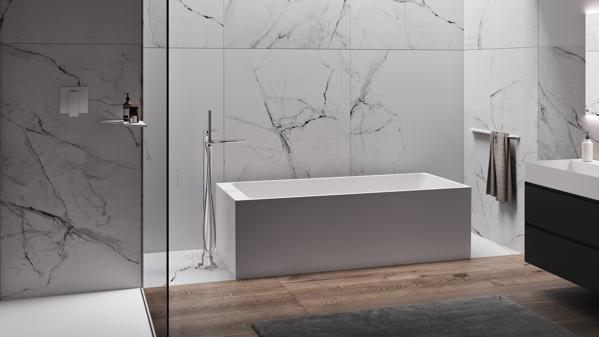 Vista di Layia vasca da bagno in solid surface dalle forme squadrate
