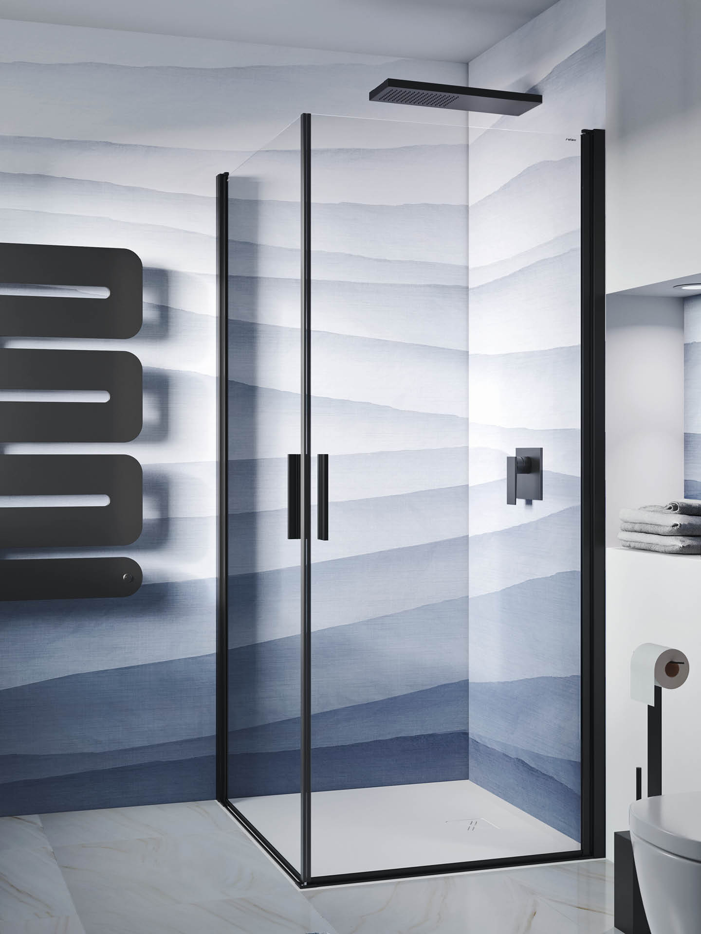 box doccia ad angolo senza profili con doppia anta a battente colore nero