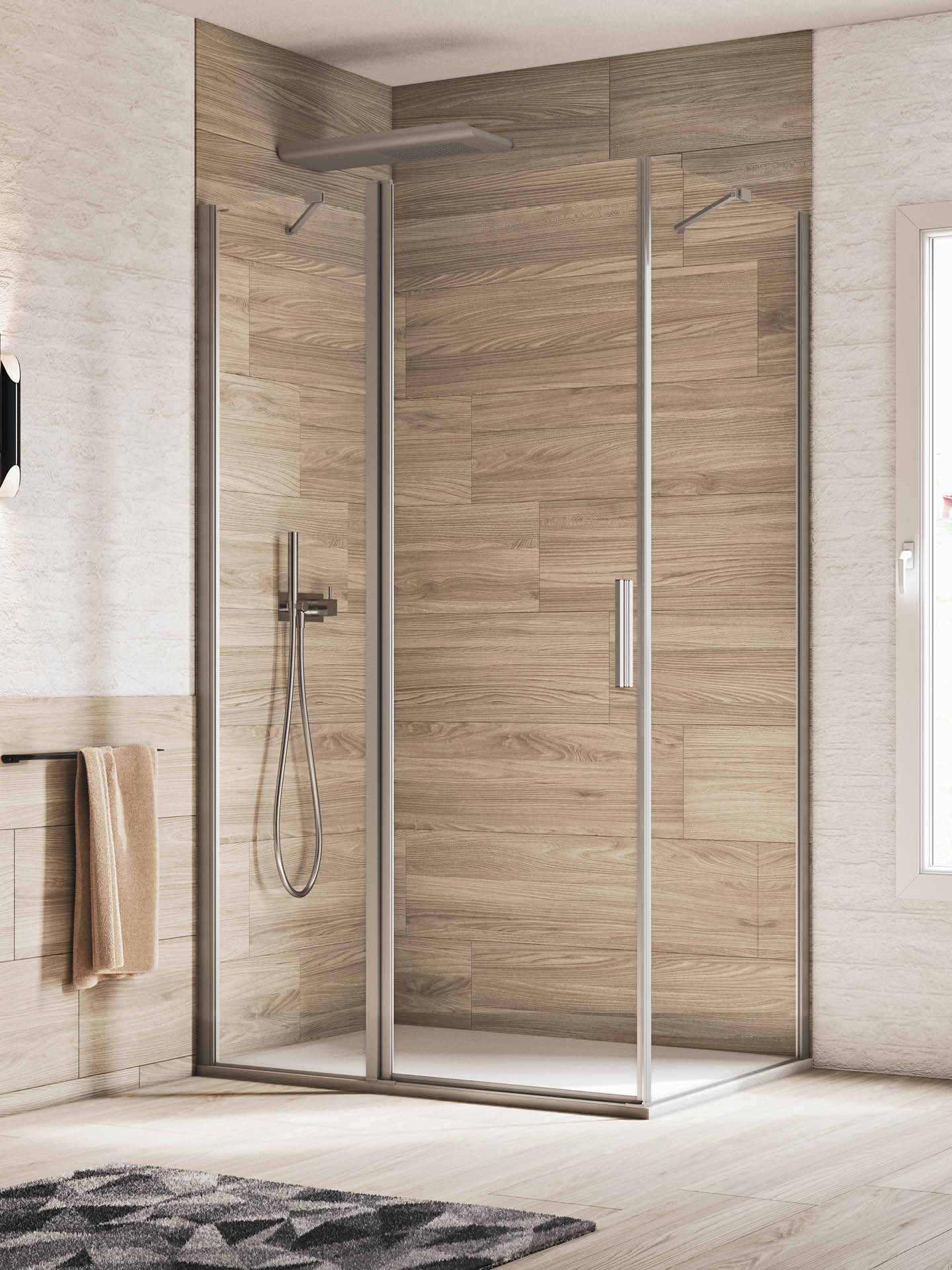 cabina doccia ad angolo senza profili con due lati fissi e porta a battente