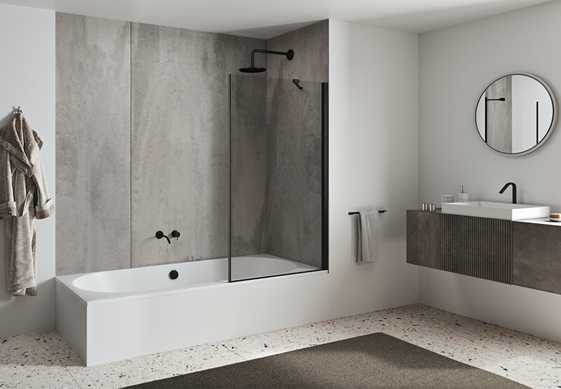 Sopravasca ad angolo con parete fissa in vetro.