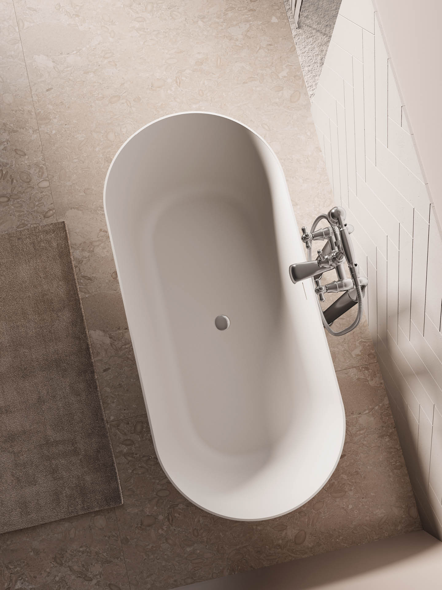 Vista dall'alto di Lilium, vasca da bagno in solid surface freestanding