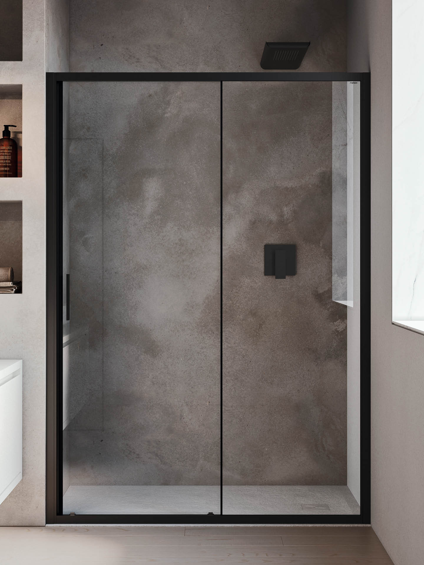 box doccia smart sc1 con profili neri e anta scorrevole in nicchia
