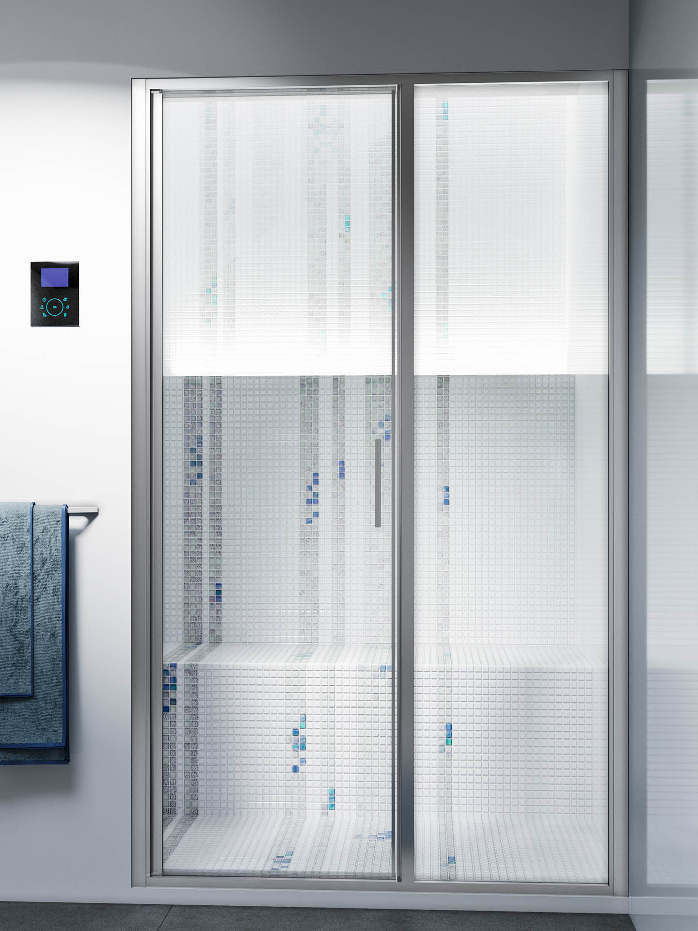 box doccia in nicchia per bagno turco con anta a battente e sistema di erogazione del vapore