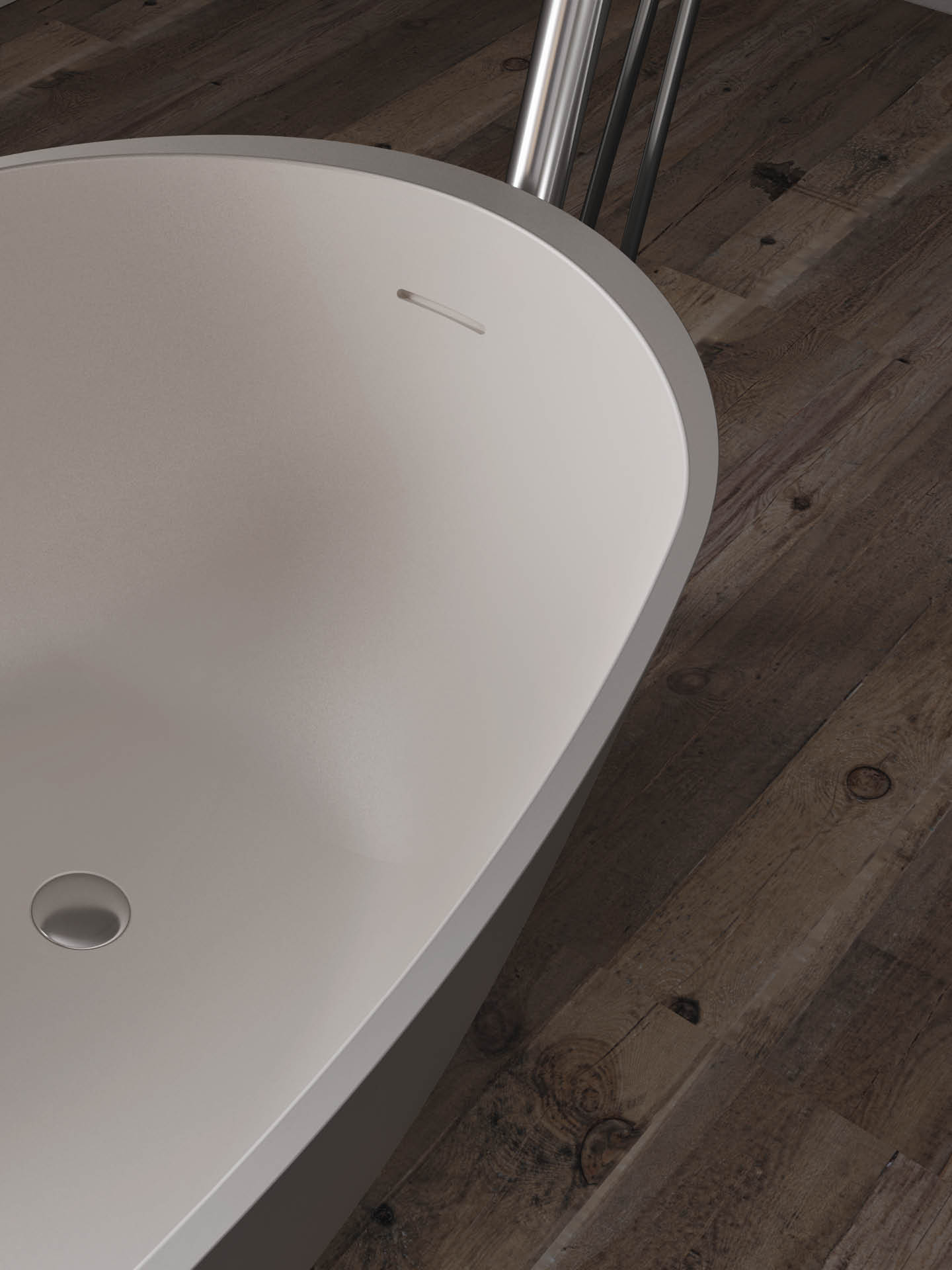 Dettaglio del bordo di Vinca vasca da bagno freestanding ovale e capiente