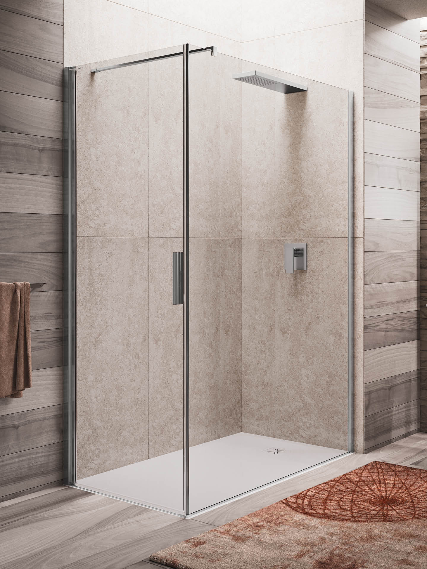 wall a+ab cabina doccia con porta battente ad angolo con profili brillantati e apertura interna ed esterna