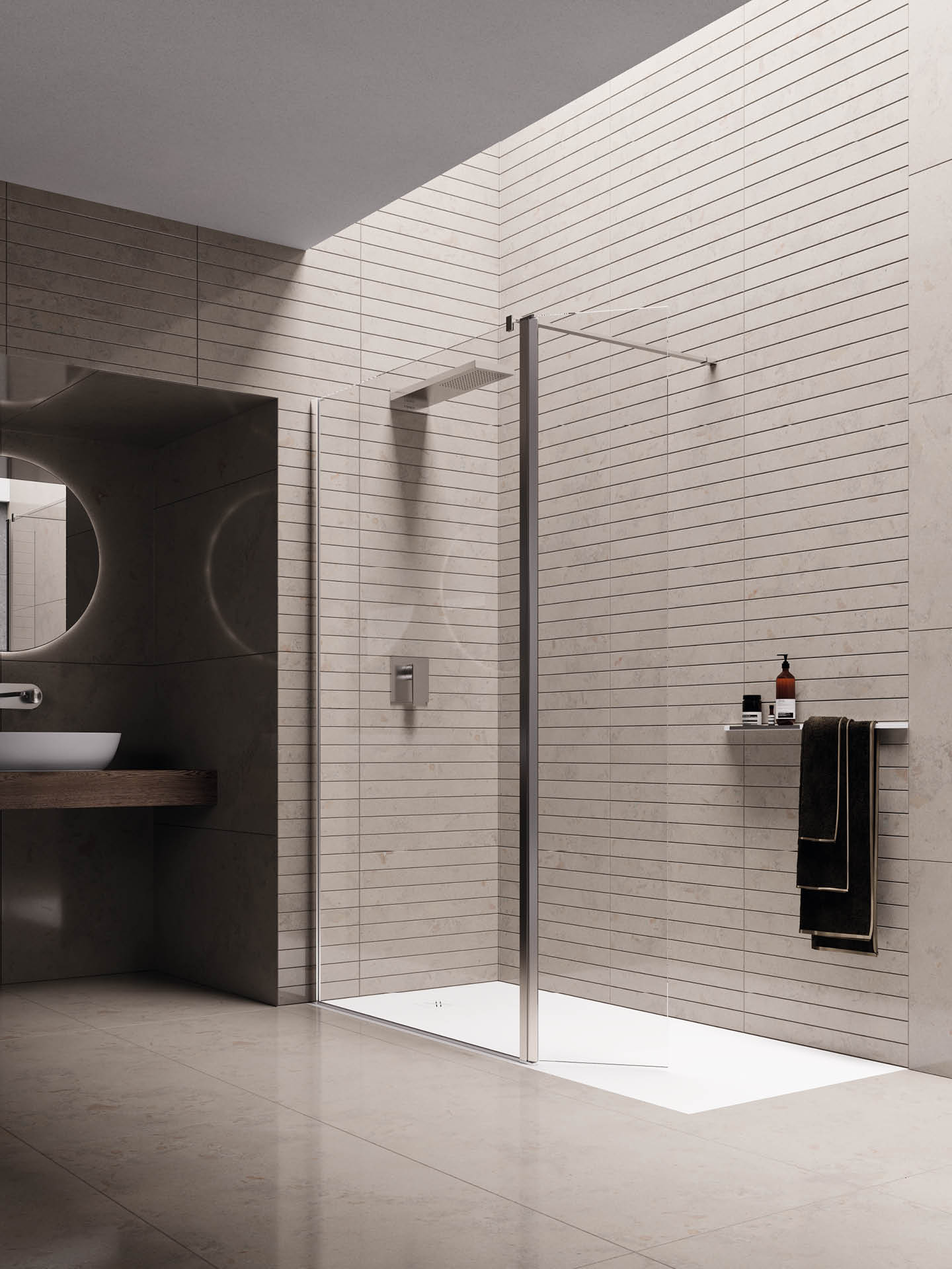 box doccia walk-in minimal senza profili con paraspruzzi mobile