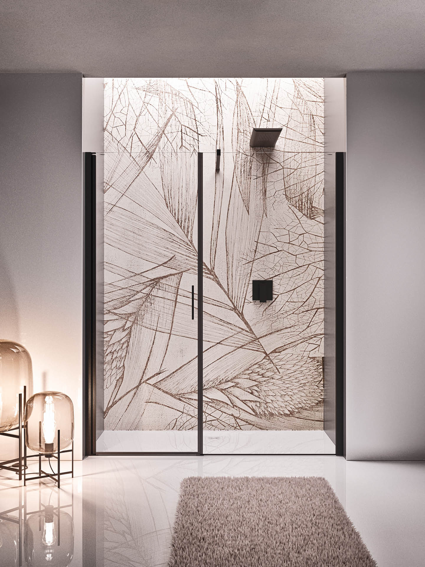 cabina doccia wall pl in nicchia senza profili superiori ed inferiori colore nero con anta battente