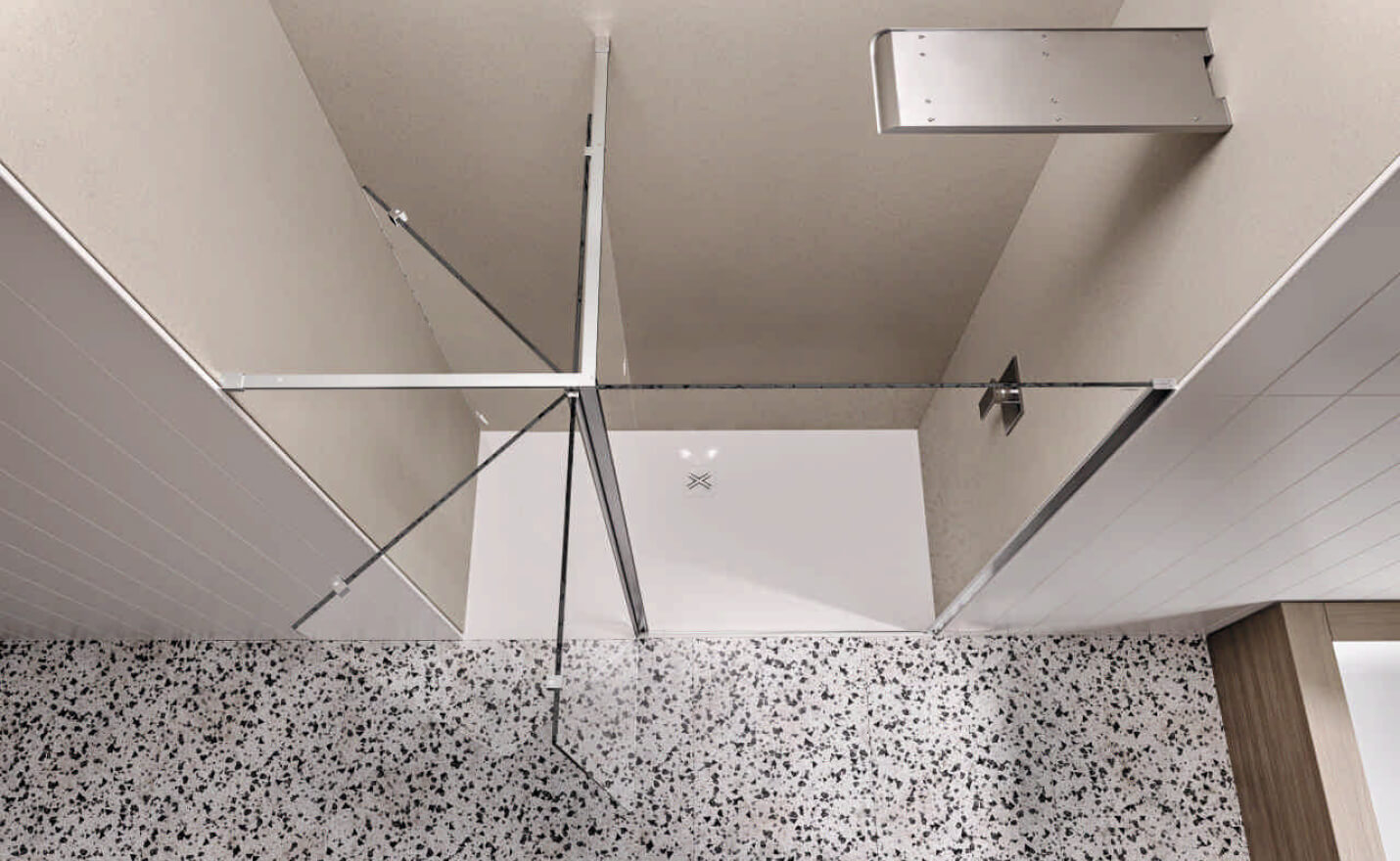 Душевая кабина, вид сверху с открытием на 180 градусов