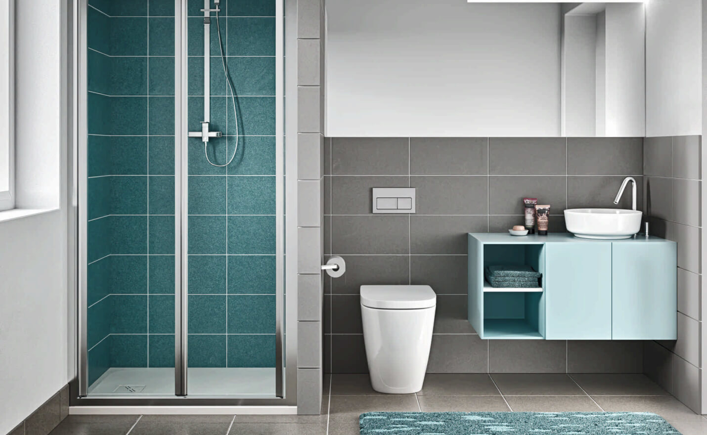 Box doccia in nicchia con anta a soffietto e maniglione integrato