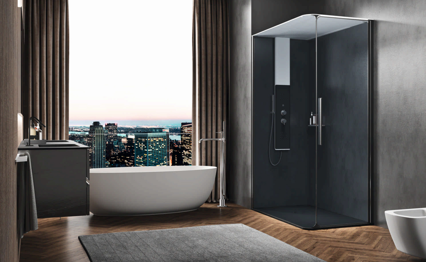 Box doccia con tetto ad angolo e vasca di colore bianco assieme nel bagno