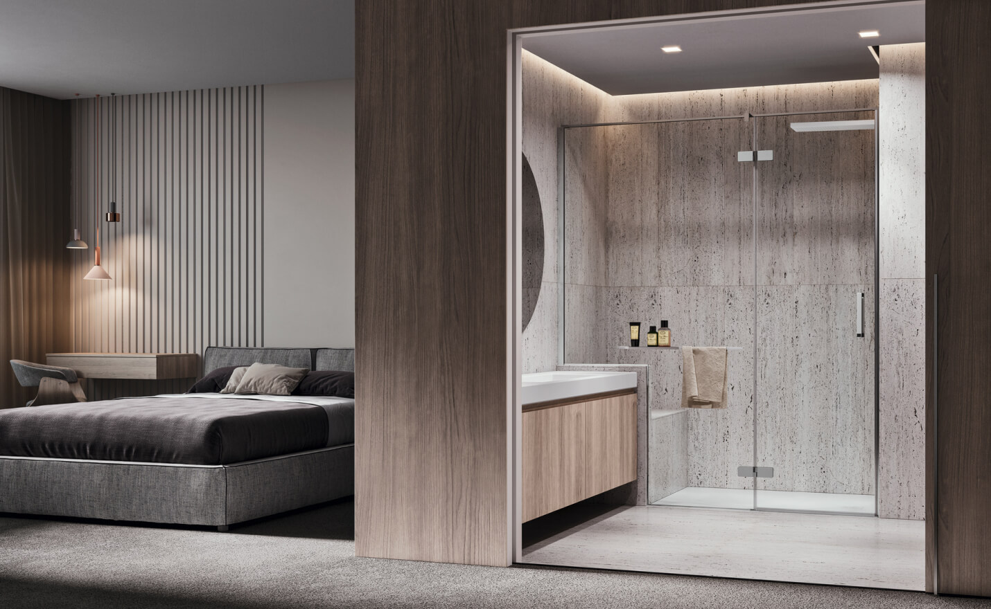 Cabina doccia su misura in bagno con vetro sagomato sopra muretto