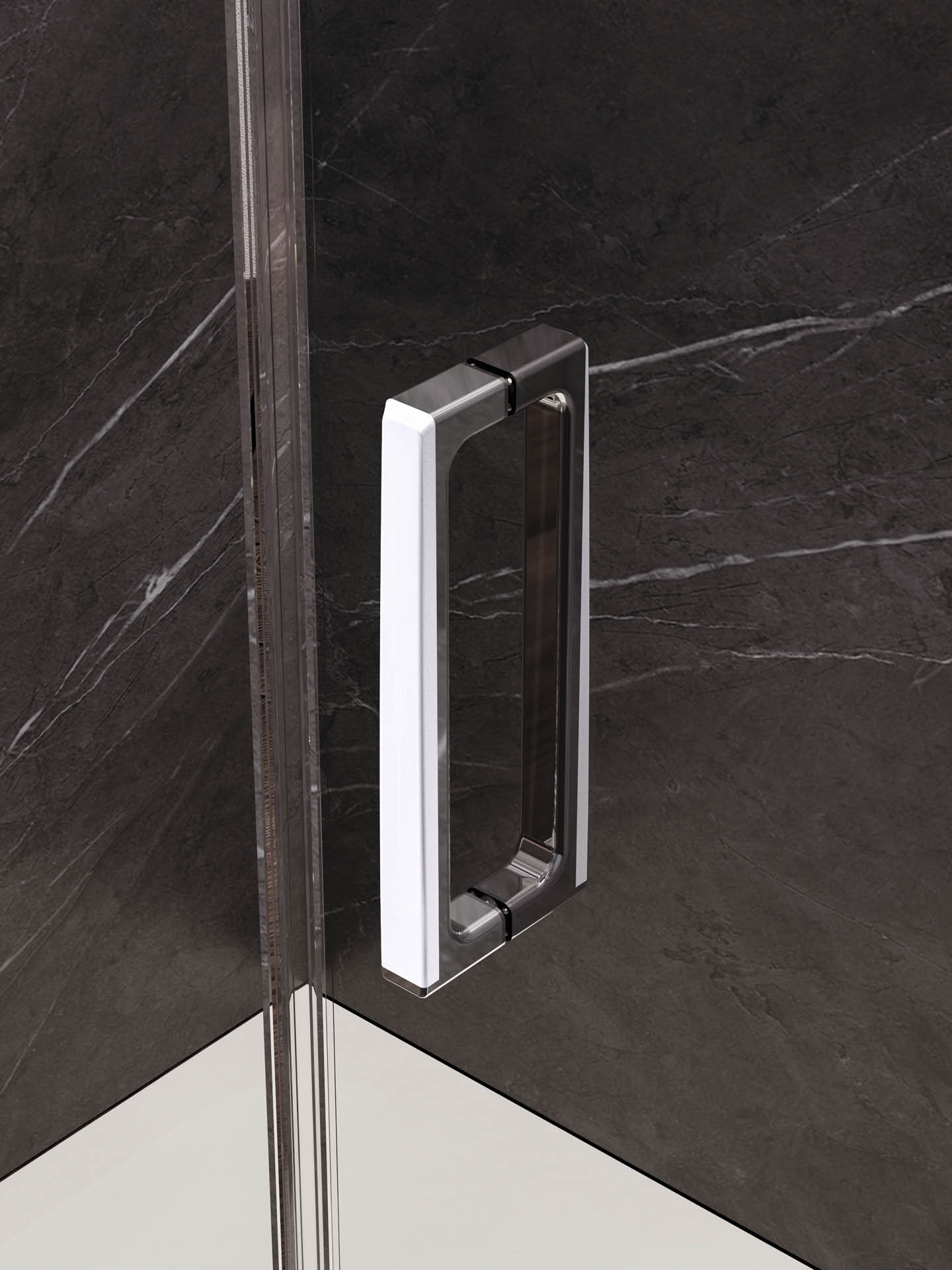 Dettaglio maniglia con copertura bianca box doccia Cover