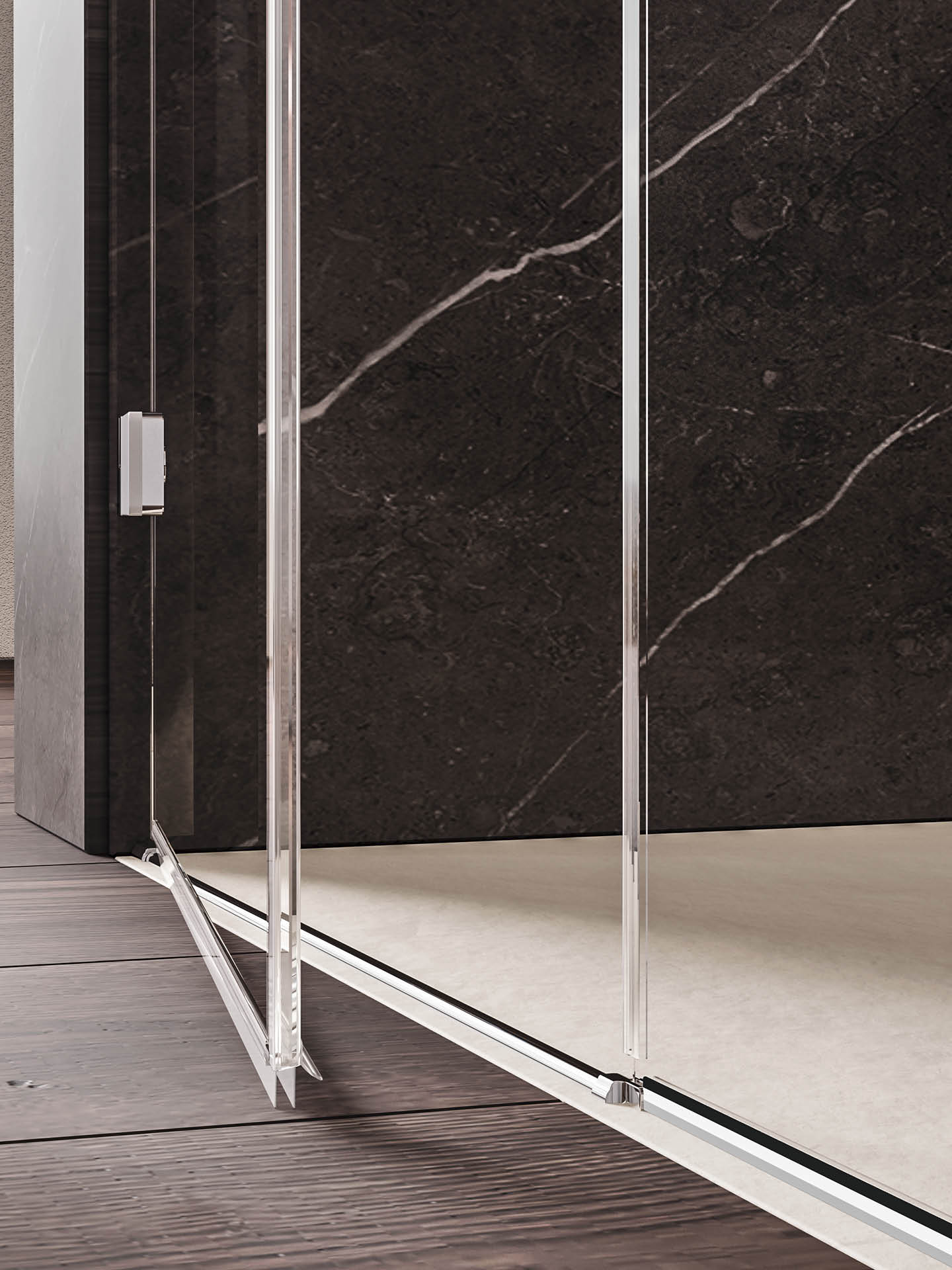 Dettaglio apertura box doccia con diga a vista Cover M