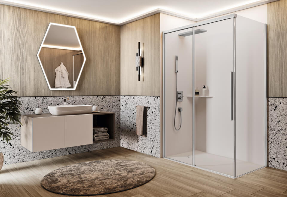 Cabina doccia in stile moderno con anta scorrevole e sistema di soft close nascosto