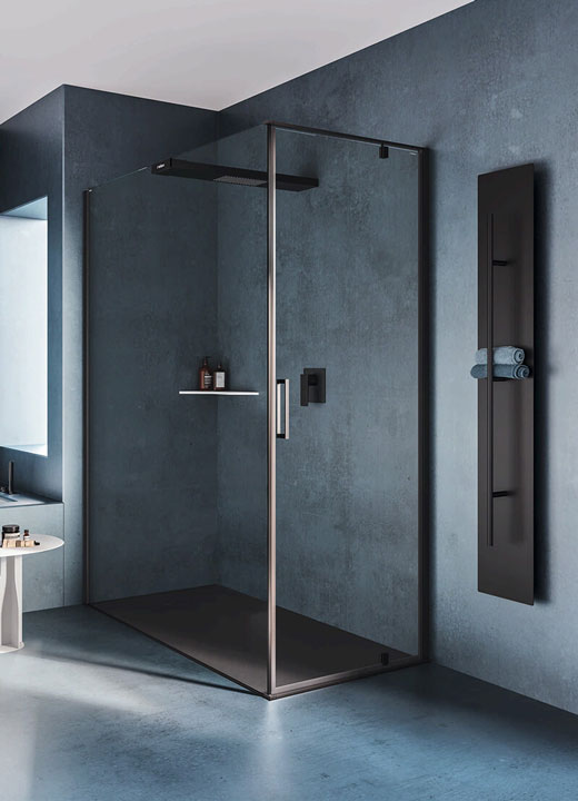 KUBIK_AB+F_1 Cabina doccia ad angolo con i profili neri e minimal, porta battente