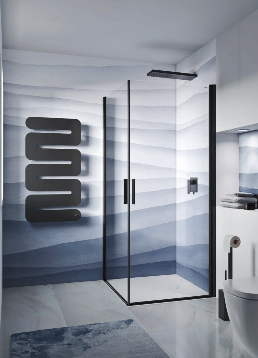 Box doccia contemporaneo con doppia porta battente ad angolo, profili neri e soffione nero