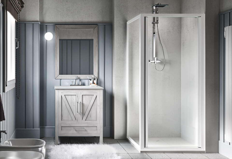 LYRA B1+F Box doccia ad angolo con profili bianchi e porta battente in un bagno dallo stile rustico