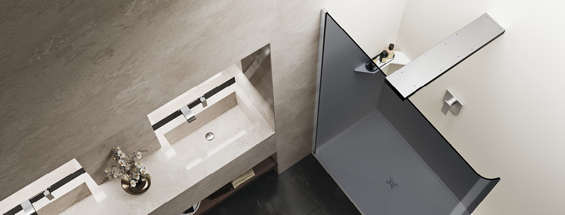 Per web Vista dall'alto di un box doccia walk-in di design in nicchia all'interno di un bagno moderno