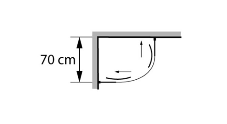 Vista assonometrica di cabina doccia curva ad angolo con porte scorrevoli