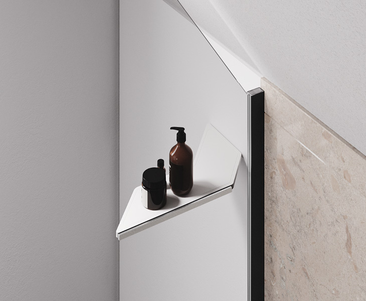 Oblique MV mensola bianca in solid surface che sostiene vetro sagomato su misura ad angolo