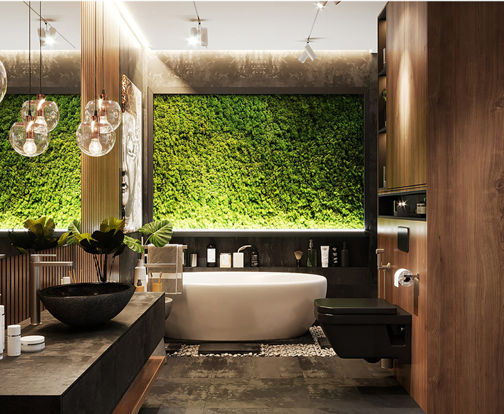 Master bathroom with wooden walls