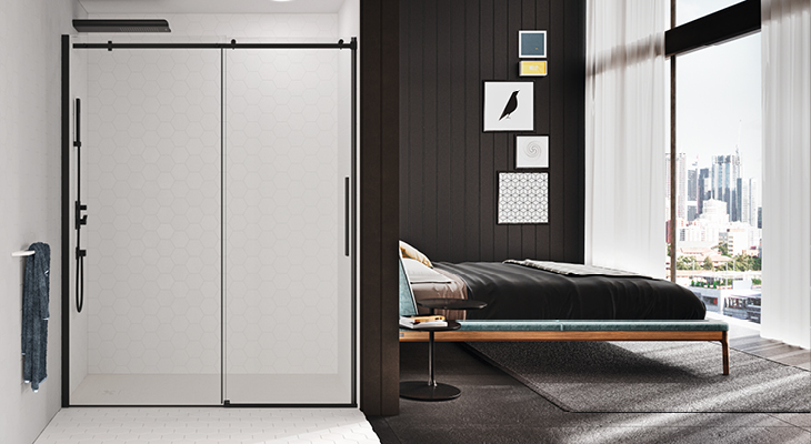 Shower enclosure with sliding door in the niche in the bedroom