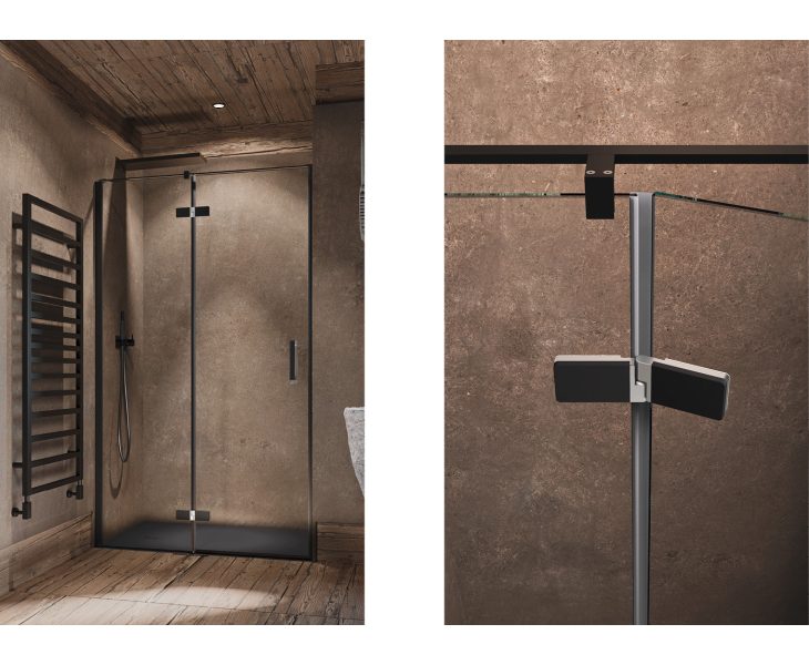 Cover 67 Cover B1 shower enclosure in black niche with hinged door